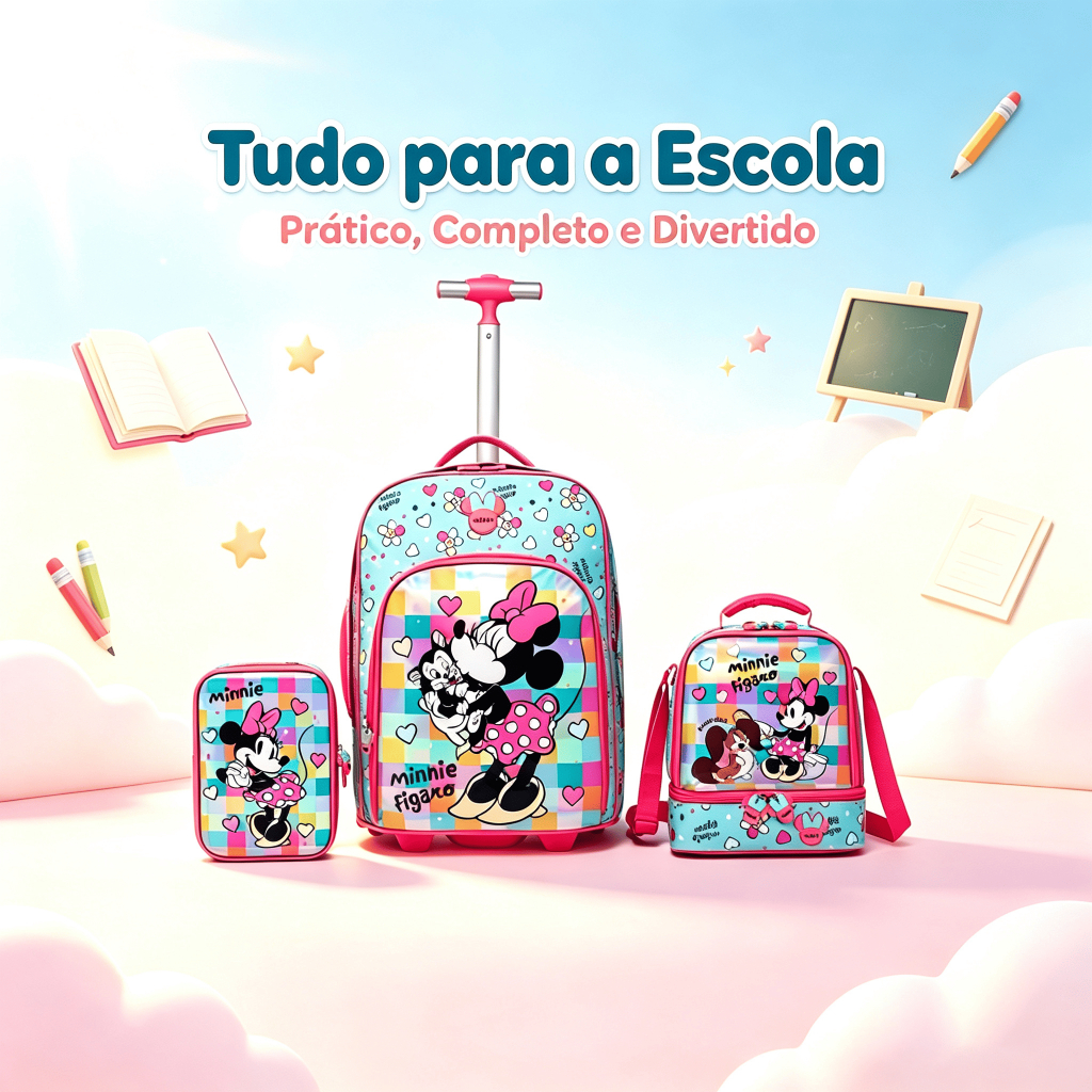 Kit Minnie Mochila Lancheira Estojo Escolar Feminina Infantil Rodinha Disney
