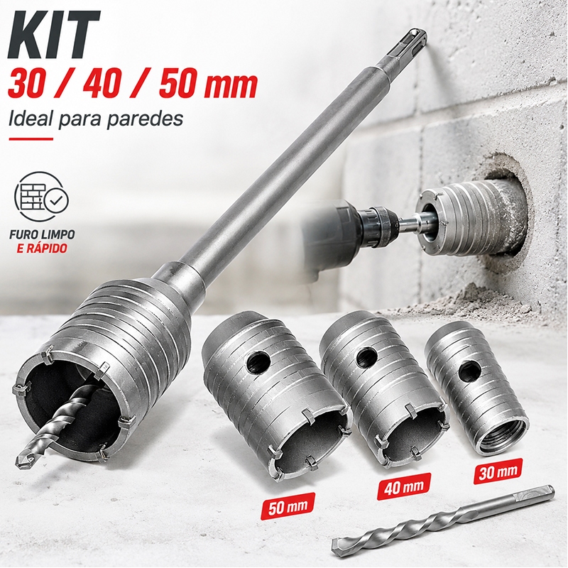 Kit 6 serras copo 30/40/50mm SDS Plus, perfura concreto e alvenaria, compatível com martelete e furadeira profissional
