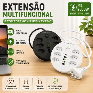 Extensão Tomadas com USB e TypeC Universal Bivolt 110v/220v 2500W Power 2m Filtro De Linh…