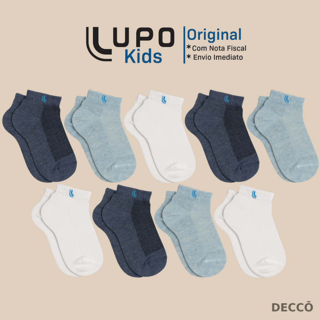 Kit De 9 Pares Meias Lupo Kids Infantil Cano Curto Algodão Tamanho 24 ao 36