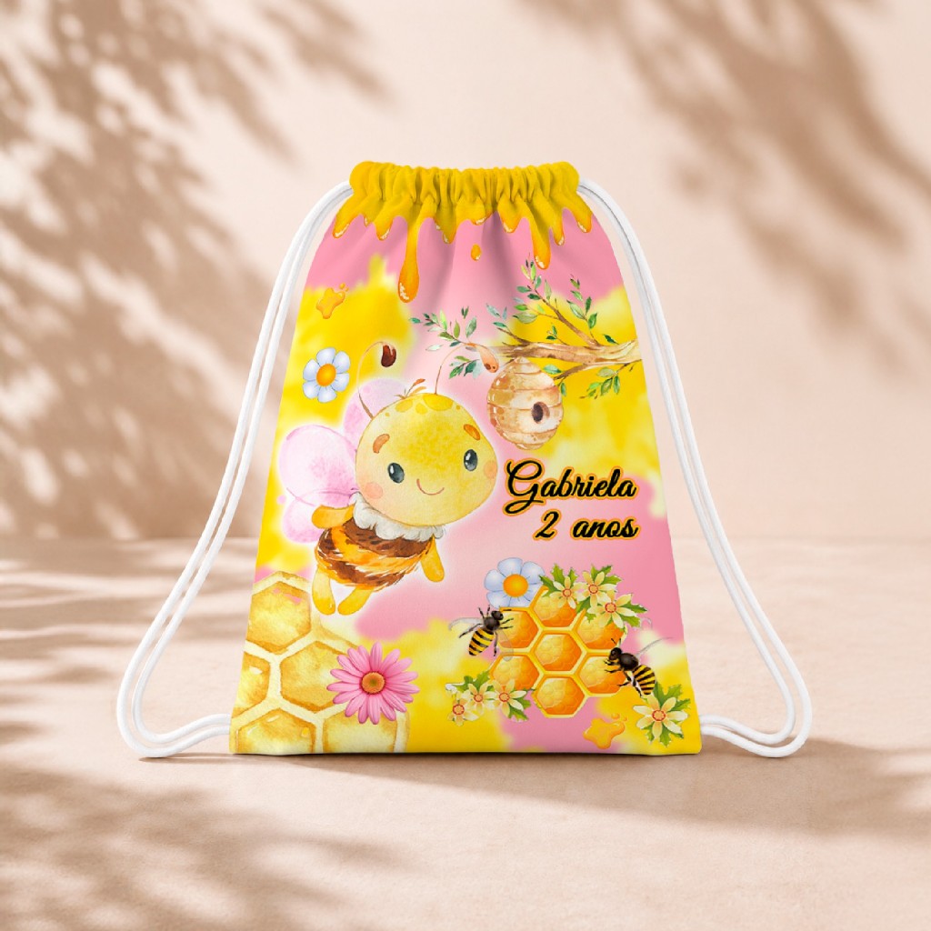 10 Mochila Personalizada Infantil 18x26 Sacolinhas Surpresa Festa Aniversário Lembrancinha Abelha Abelhinha  Rosa