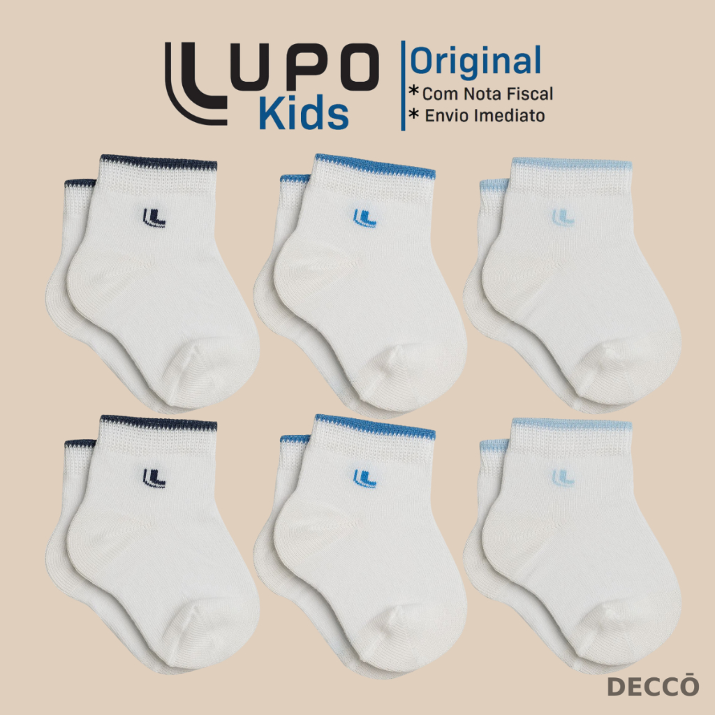 Pacote com 6 Pares Cano Curto Lupo Bebe Crianca Pacote Com Meias Infantil em Alg