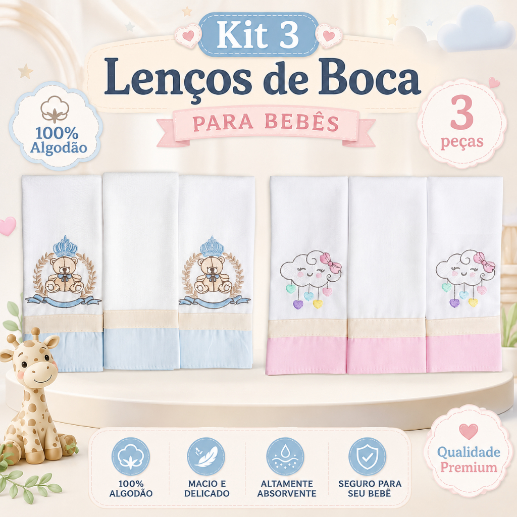 Kit 3 Paninho de Ombro Bebê Babita Bordado 100% Algodão Boca 33x33cm Menino Menina Paninhos boca