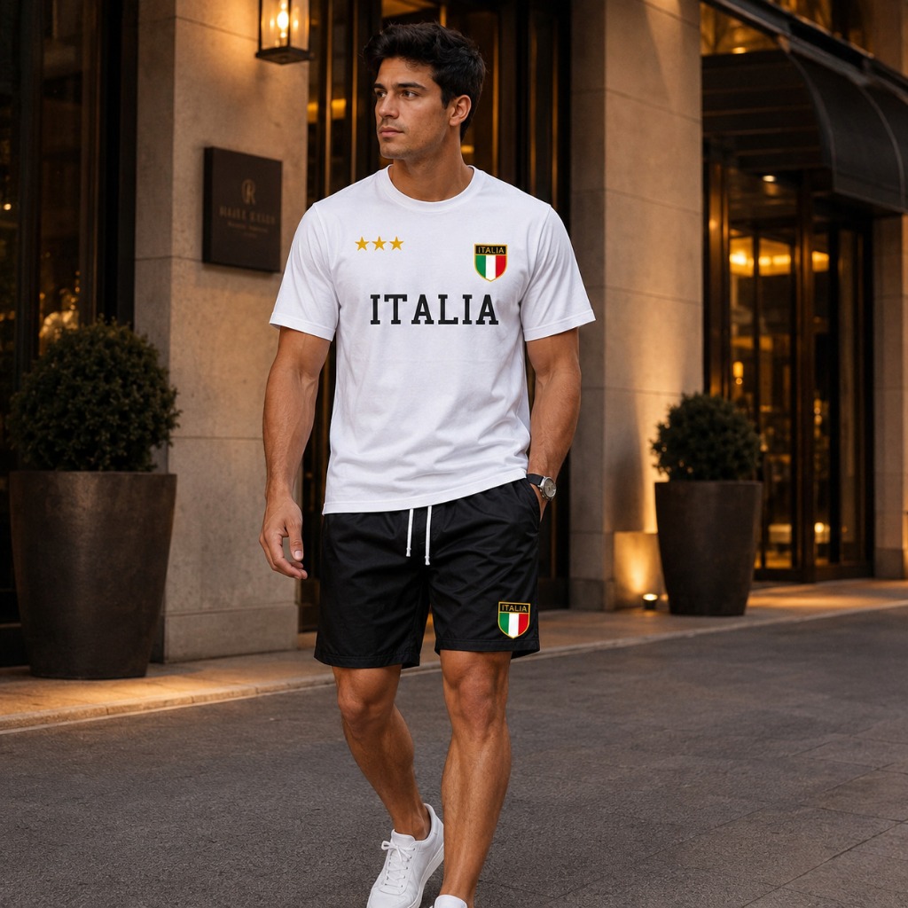 Conjunto Masculino Camiseta e Bermuda Itália Estampado Esportivo Casual Verão Manga Curta com Bolsos