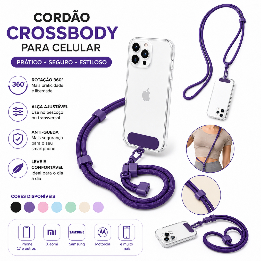 Alça Crossbody para Celular com Rotação 360° Cordão Ajustável Universal Antiqueda para Smartphone