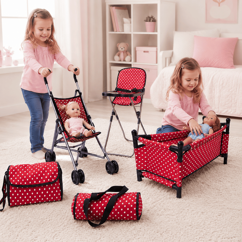 Kit de Acessórios para Boneca 5 em 1 com Carrinho Berço Cadeirão e Bolsas