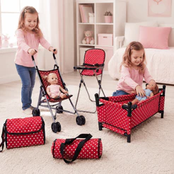 Kit de Acessórios para Boneca 5 em 1 com Carrinho Berço Cadeirão e Bolsas