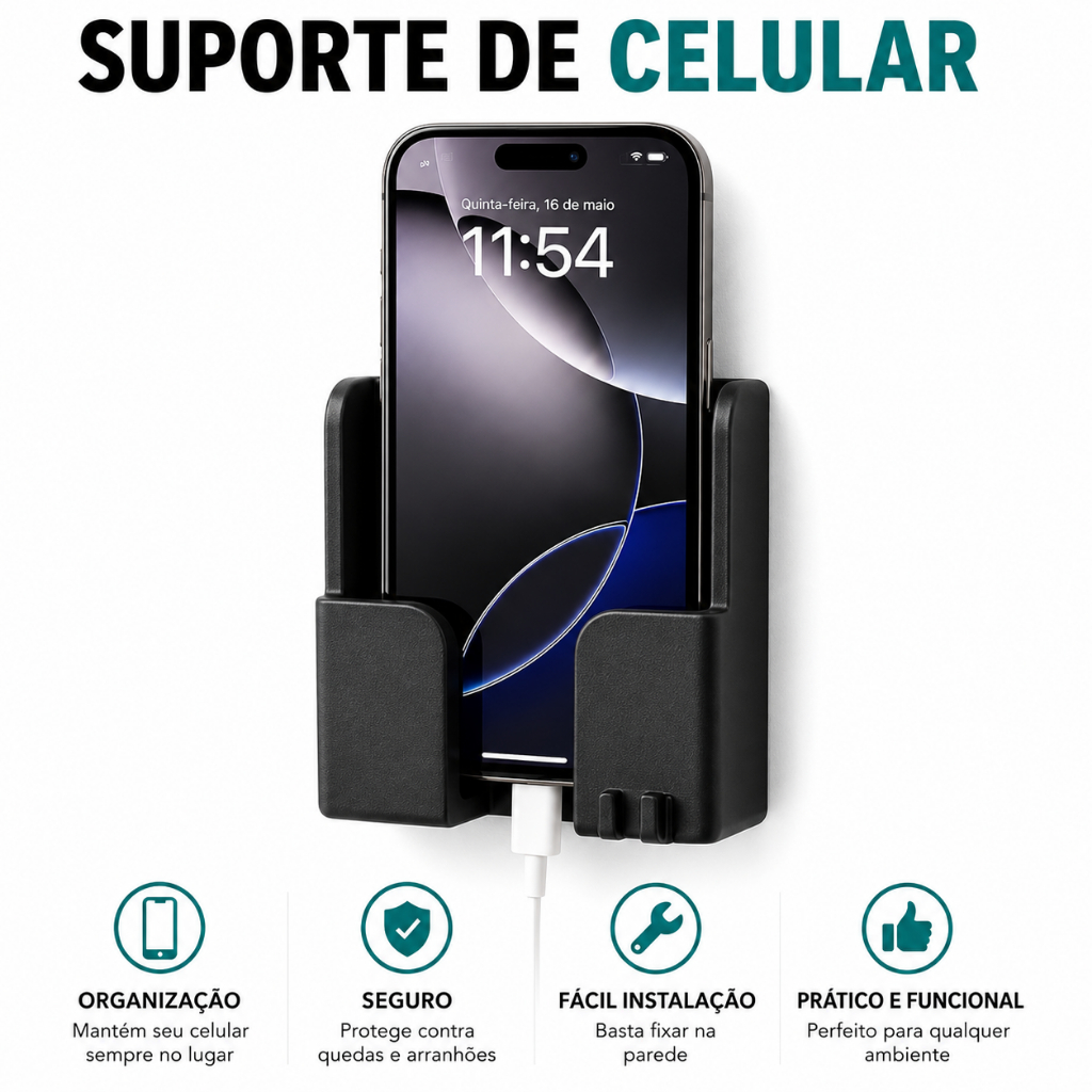 Suporte de Celular de Parede Preto com Passagem para Cabo Organizador para Carregamento Smartphone