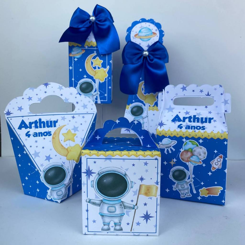 Kit Caixinhas Personalizados Astronauta Azul Menino Espacial Galáxia (PEGUE E MONTE) Lembrancinhas para Festa Infantil