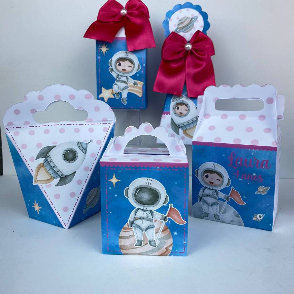 Kit Caixinhas Personalizados Astronauta Azul e Rosa Espacial Galáxia (PEGUE E MONTE) Lembrancinhas para Festa Infantil