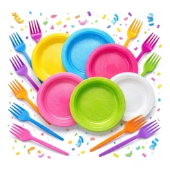 Kit Festa Descartável 150 Peças 50 Pratos 15cm 50 Copos 200ml 50 Garfos Sobremesa Diversas Cores