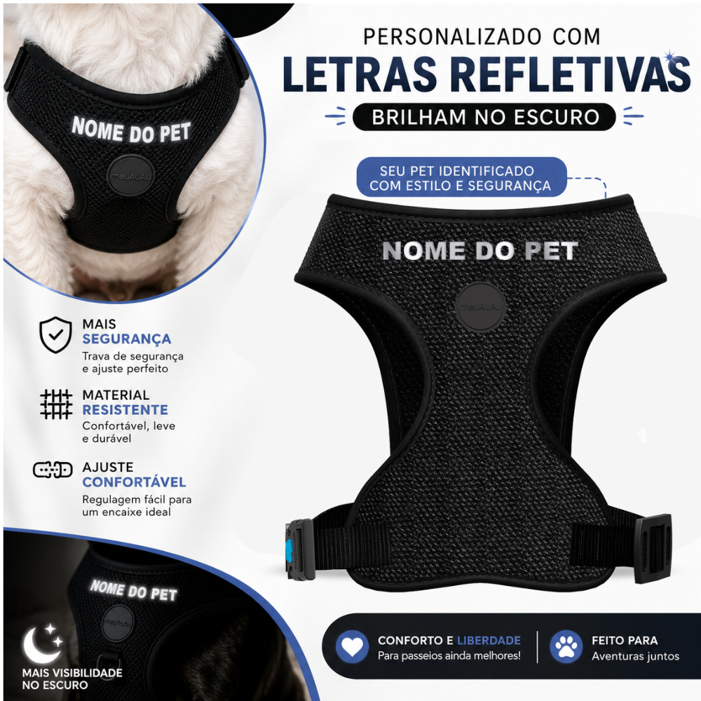 Peitoral Para Cachorro meuAuAu Personalizado Com Nome do Pet Refletivo Em Destaque