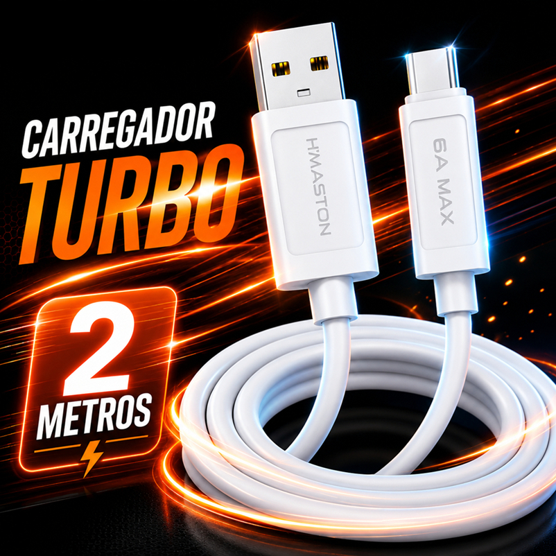 Cabo Carregador Turbo 6A H'Maston HB17 2 Metros USB Carregamento Rápido Reforçado para Android e iPhone