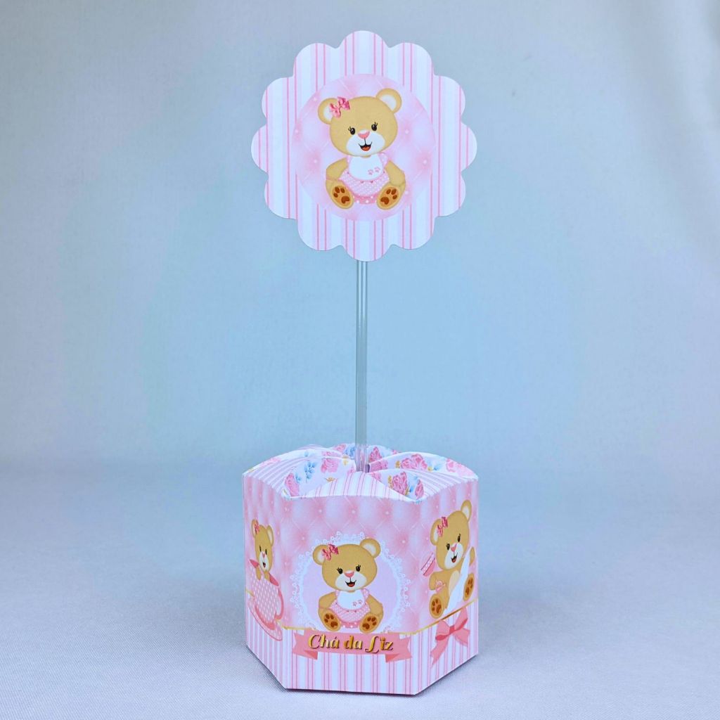 Kit 5 a 25 Centro de Mesa Ursinha Rosa Personalizado Lembrancinha Festa Aniversário Enfeite Caixinha