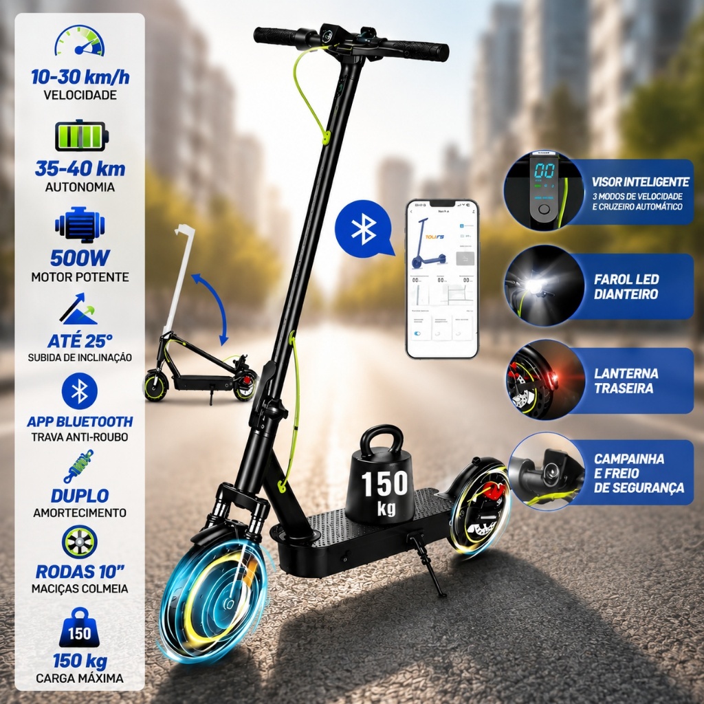Patinete Elétrico 500w Dobrável com amortecimento 36v13ah 30km/h C/bluetooth 150kg,10 polegadas