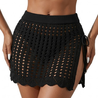 Saída de Praia Feminina Tricô com Trama Vazada Amarração Lateral Barra Ondulada Moda Verão P ao G