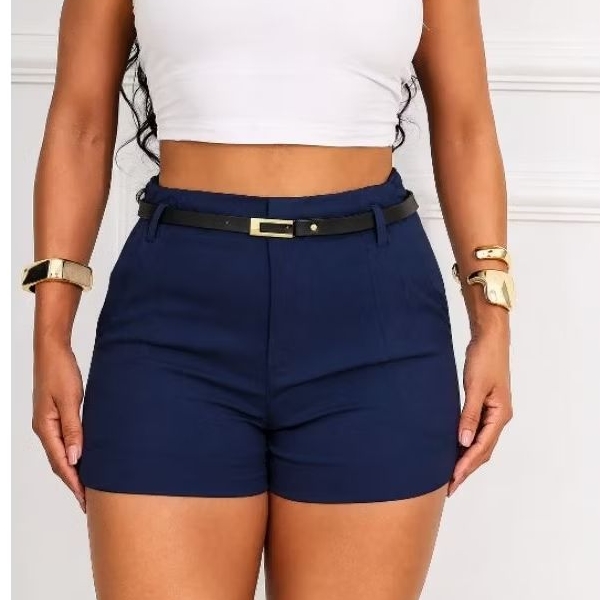 Shorts ZHARA Alfaiataria Feminino Cintura Alta com Cinto de Couro.