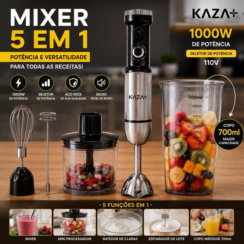 Mixer 5 em 1 Profissional 1000W Inox 110V Processador e Espumador Elétrico Preto/Inox Ajuste de Potência