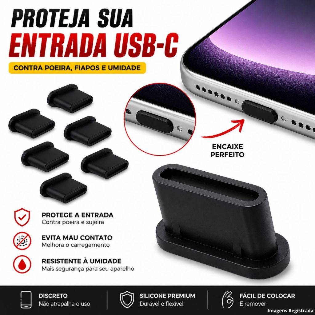 Protetor USB-C Anti Poeira Evita Mau Contato Falha no Carregamento Tampa Tipo C Silicone Celular