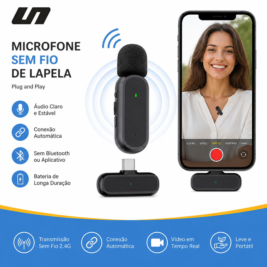 Microfone Sem Fio Lapela com Case Carregadora Tipo C e Lightning Para Celular