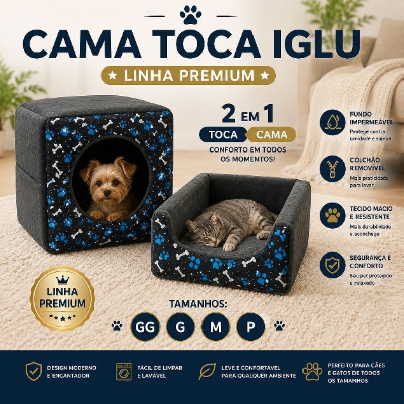 casinha cama toca lglu 3 em 1 para cães e gato tamanhos P,M,G,GG fundo impermeável colchão removível linha Premium — imagem 2 de 2