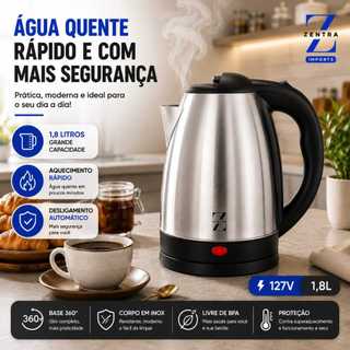 Chaleira Elétrica de Aço Inox 1.8L de 110V Ferve Água Rápido