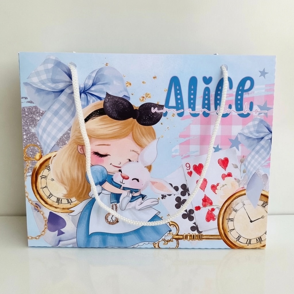 Kit Sacolinha Personalizada Alice no País das Maravilhas Pegue Monte Lembrancinha Festa Aniversário