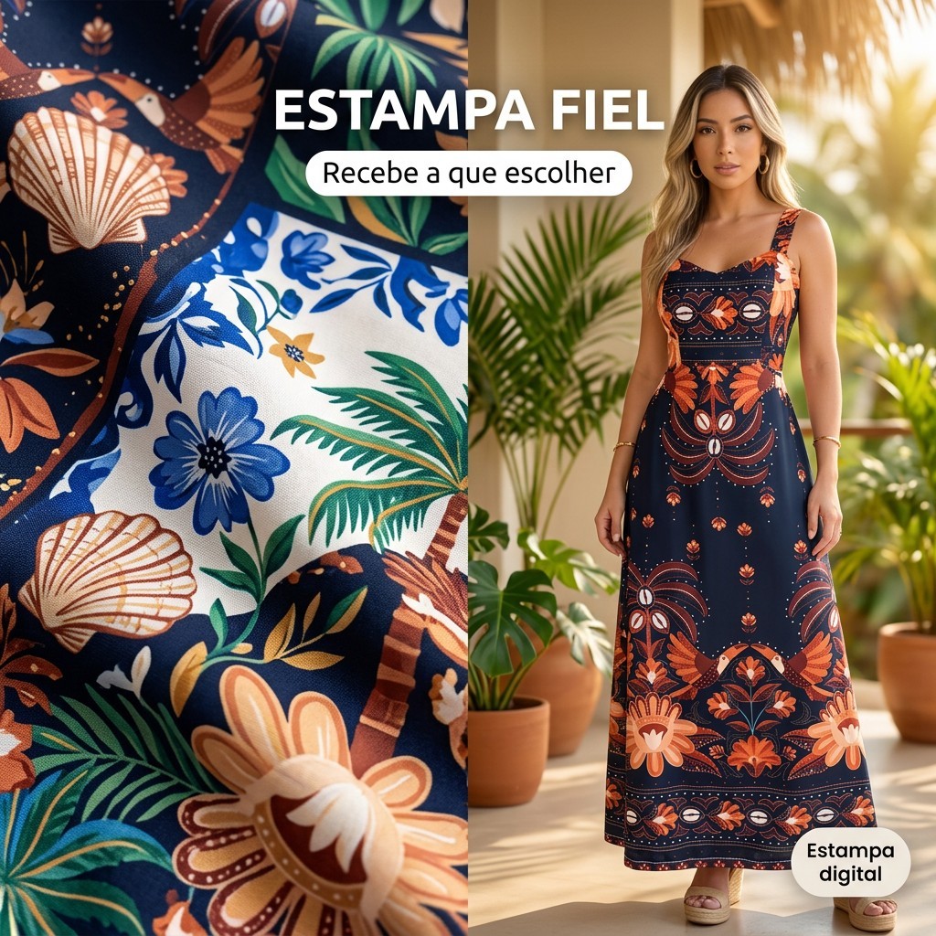 Vestido Longo Floral Tropical Feminino com Bojo Decote Coração Alça Larga Amarração nas Costas Festa