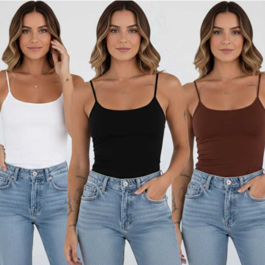 Kit 3 Blusa Regata Feminina Suplex Alça Fina Cropped Tube Básica Alcinha