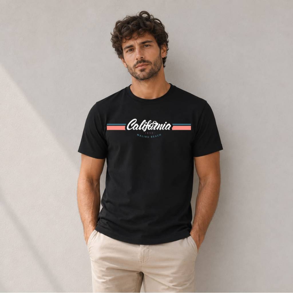 Camiseta Masculina Algodão California Malibu Beach Camisa Estampada Manga Curta Casual