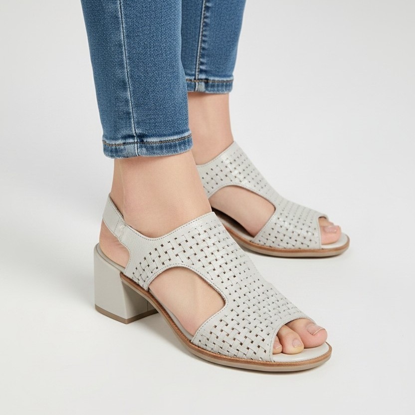 Sandália Feminina Couro Floater Laser Amêndoa Salto Bloco 5cm Confortável Antiderrapante Palmilha Comfort Plus