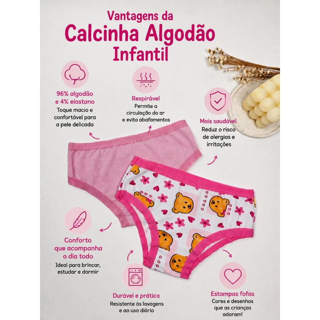 Kit Calcinhas Infantil Menina Algodão Estampadas Sortidas Macia Conforto