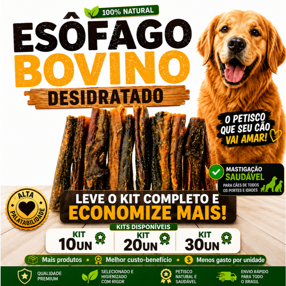 Kits Econômicos 10 20 ou 30 un Esôfago Bovino para Cães 100%