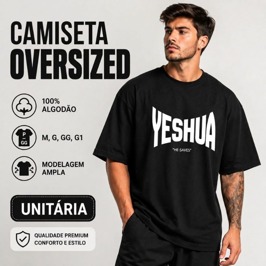 Camiseta Gospel Yeshua Masculina Oversized 100% Algodão Blusa Estampada Confortável do M ao G1
