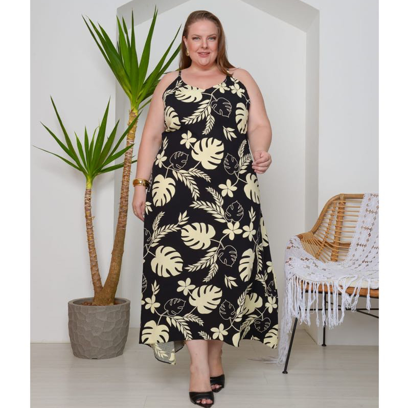 Vestido Feminino Plus Size  longo com  Alças em Viscolinho Estampado  Soltinho, Leve, Confortável e Elegante decote V