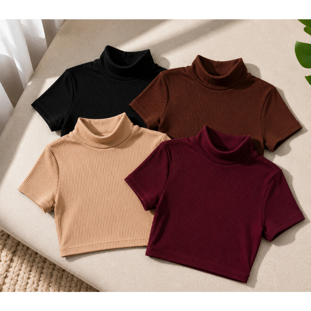 Kit 3 Blusas Cropped gola alta Feminino Ribana Canelada premium Estilosa Básica Casual