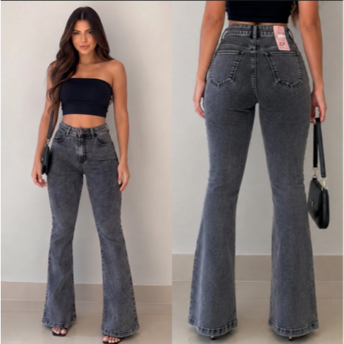 Calça Flare Cinza Marmorizada com modelagem levanta bumbum