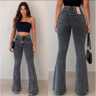 Calça Flare Cinza Marmorizada com modelagem levanta bumbum