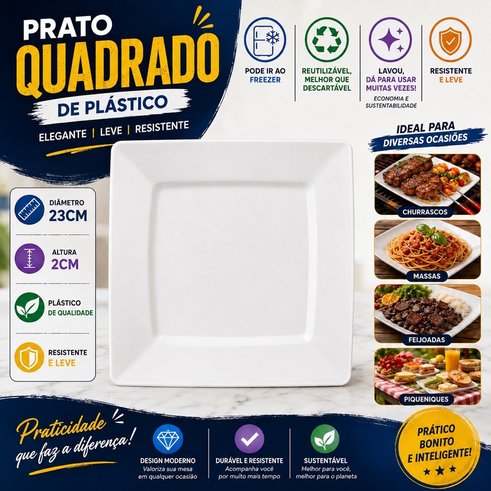 Kit 4 a 20 Pratos Quadrados Plástico reutilizável p/ Almoço Jantar churrasco refeição festas lanche