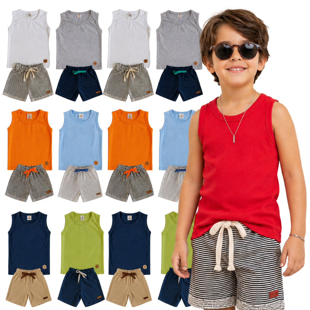 Kit 4 Peças Conjunto Infantil Menino Sortido  - 2 Regatas + 2 Bermudas - 2 Conjuntos Verão - Roupa Infantil Menino