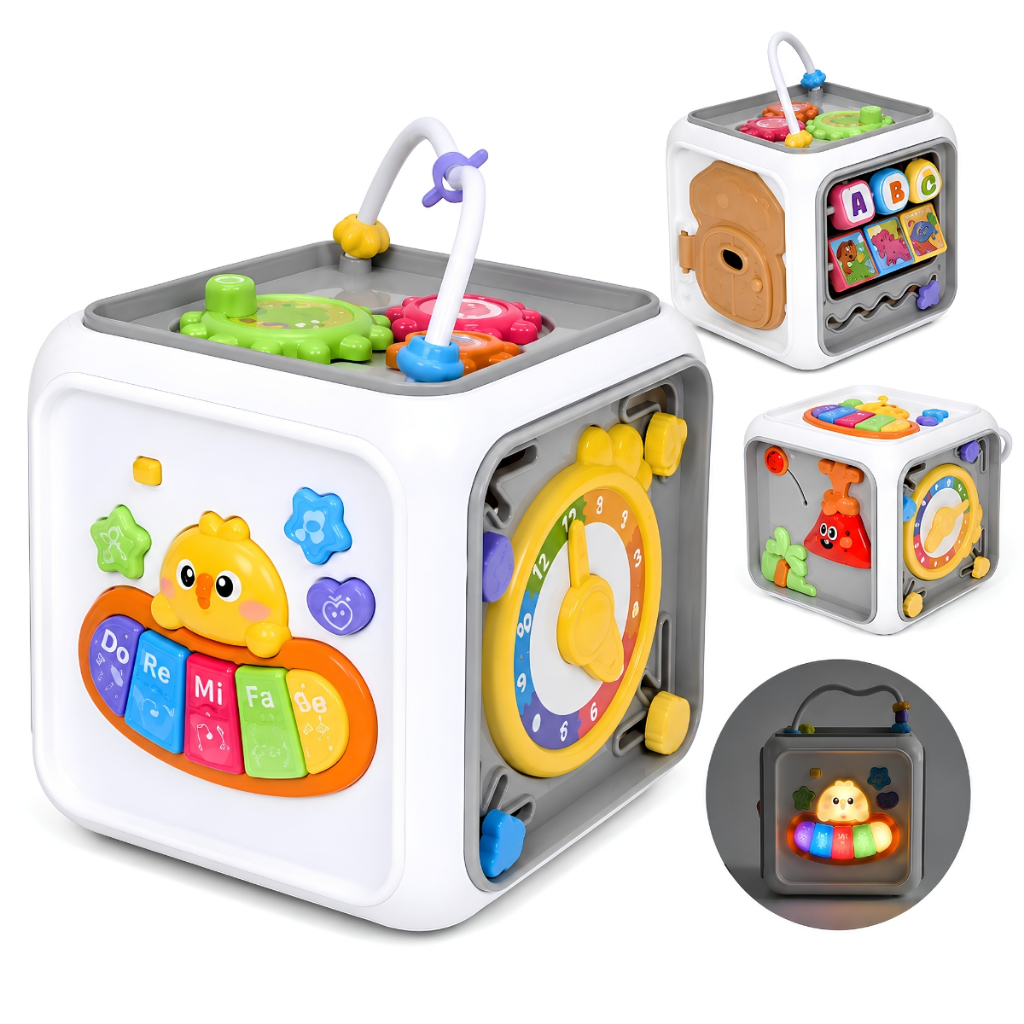 Cubo 6 em 1 de Atividades Infantil Educativo Som Luz Interativo Sensorial Pato - Castela