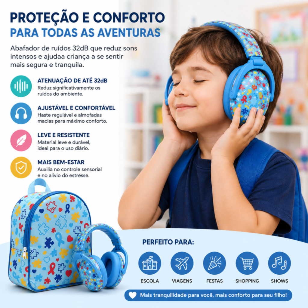 Kit Sensorial Infantil Mochila 22cm Abafador Light Autismo 32dB Infantil 32dB Mochilinha Escolar Sensorial Tea