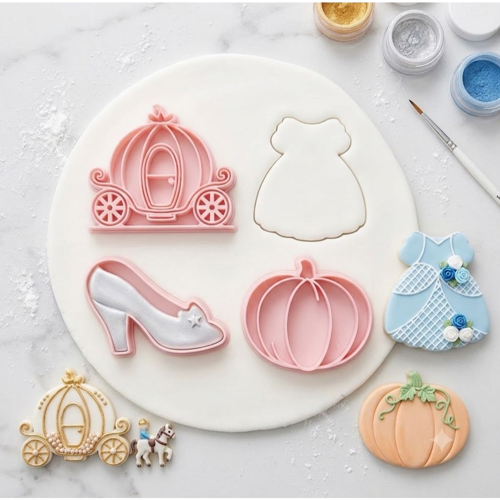 Kit Cortadores tema Cinderela 4 Peças Carruagem Vestido Sapato e Abóbora para Pasta Americana Biscoito Doces Bolo