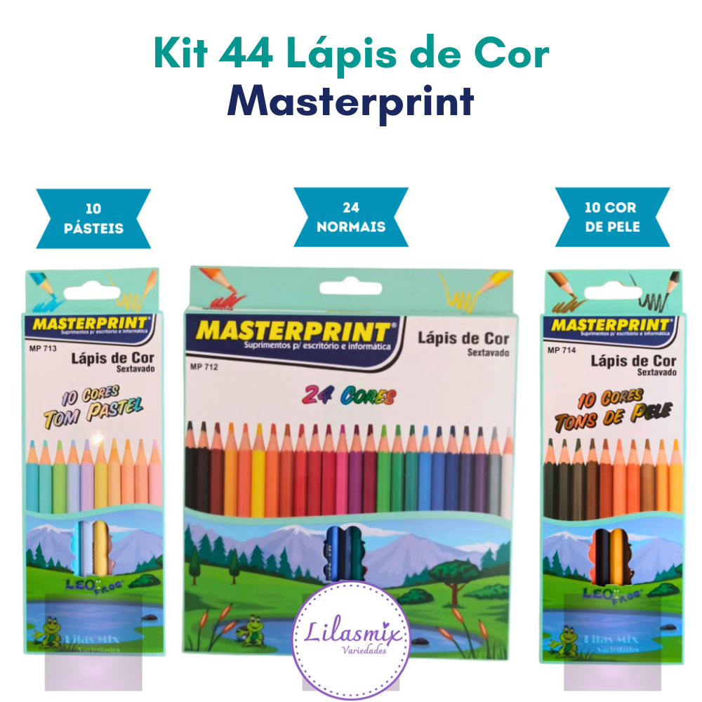 Kit 44 Lápis de Cor Escolar Sextavado 24 Cores + 10 Cores Tom Pastel  + 10 Tom de Pele Masterprint