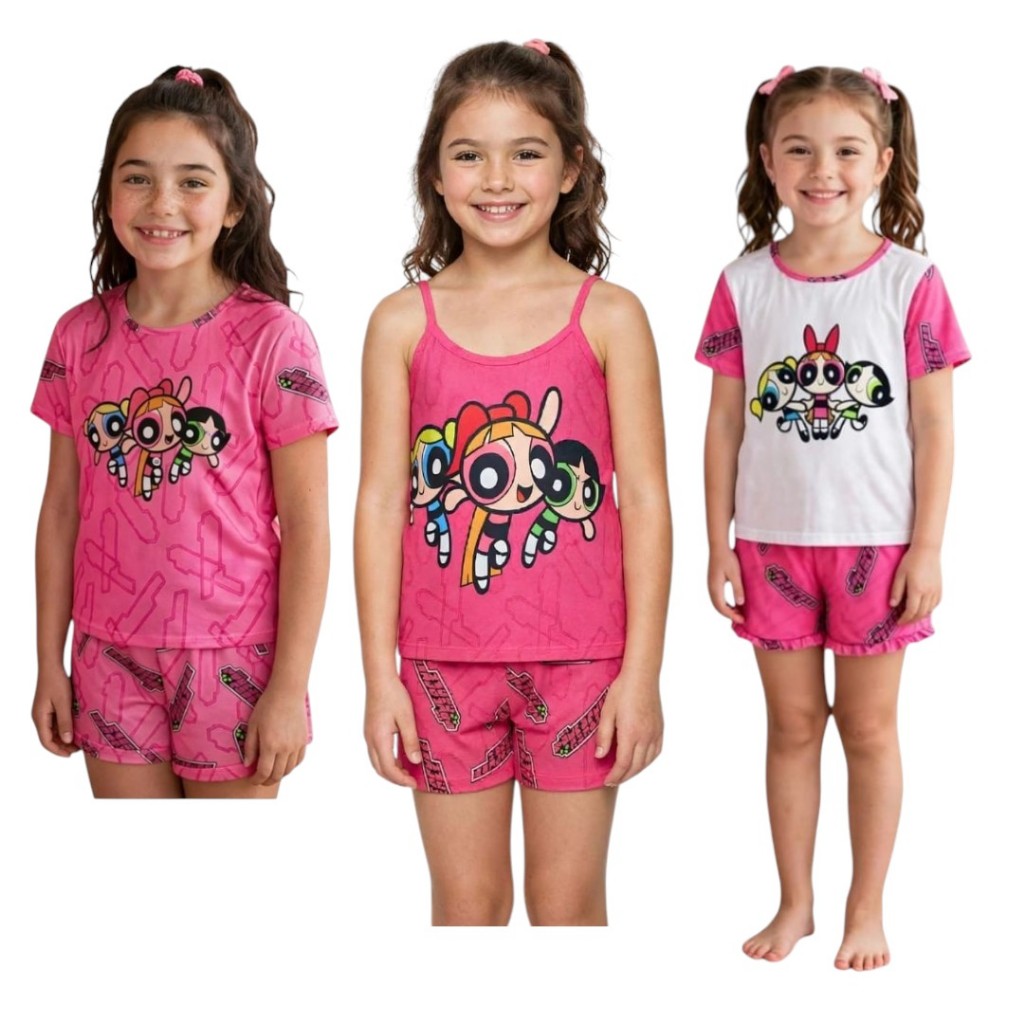 Pijama infantil das meninas super poderosas Blusinha e short conjunto personagens verão criança