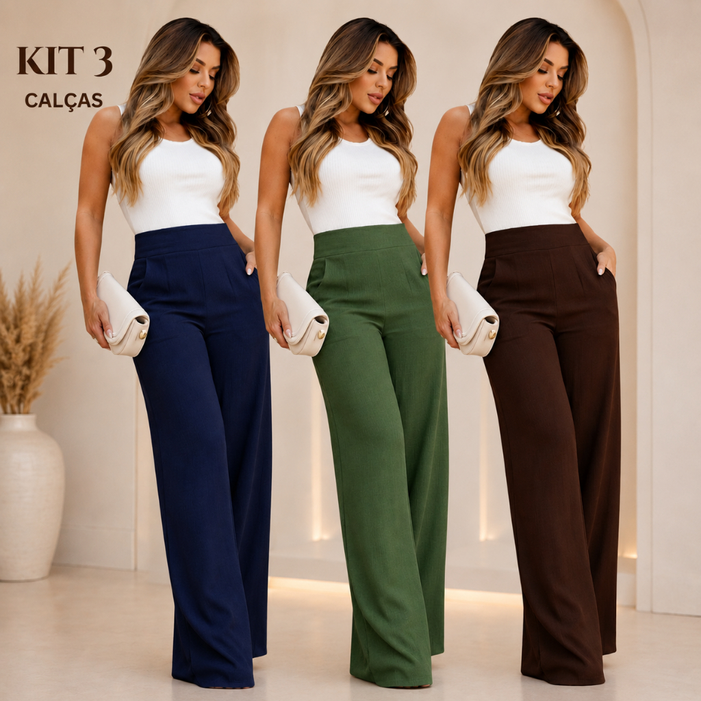 Kit 3 Calças Pantalona Feminina Cintura Alta Viscolinho Elegante Com Bolsos Confortável P ao GG