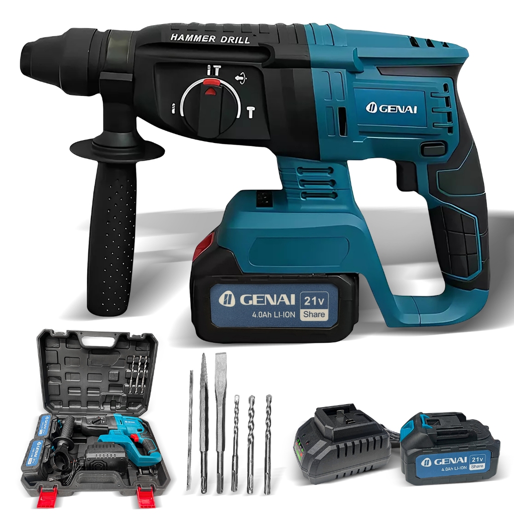 Martelete Furadeira de Impacto Rompedor Elétrico Bivolt + 2Baterias E Acessório Professional