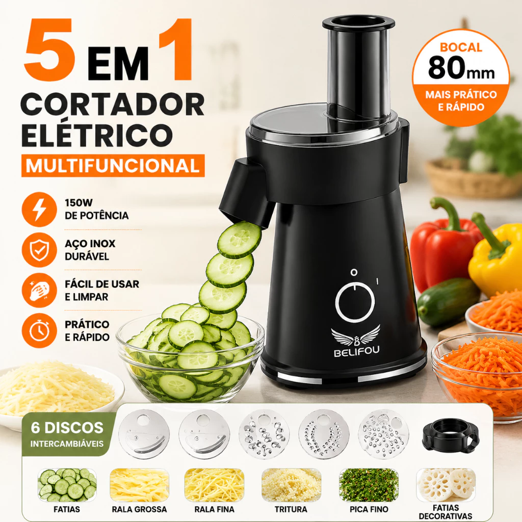 Cortador Elétrico de Legumes 5 em 1 Fatiador Ralador Multifuncional Processador de Alimentos