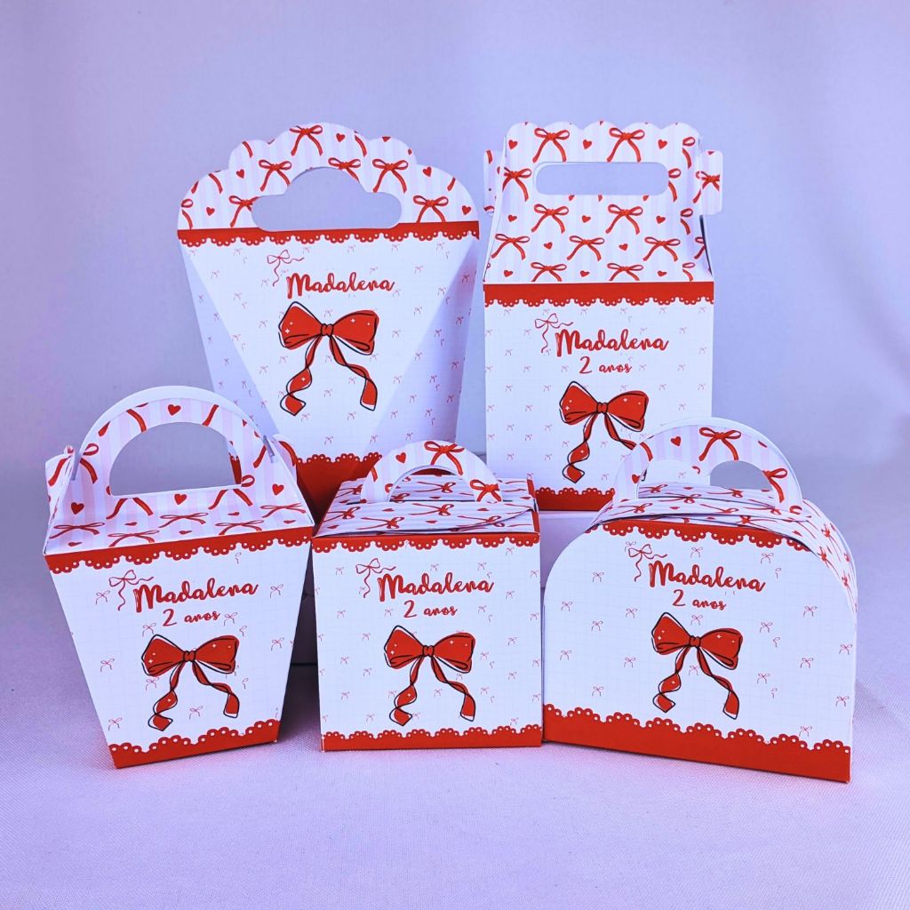 Kit 10 a 50 Caixinhas Personalizadas Com Alça Lembrancinhas Laço Vermelho Festa Aniversario Festinha