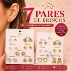 Kit 7 Pares Brincos femininos Semana Inteira Dourados Fofo Coração modelo variado Look de Perola